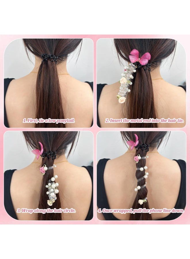 4PC Pearl Butterfly Telephone Wire Hair Ties – Spiral Elastic Bubble Ponytail Hair Bands for Women & Girls, No Damage, Soft & Stretchy Hair Accessories for High Ponytails and Braids - Image 4